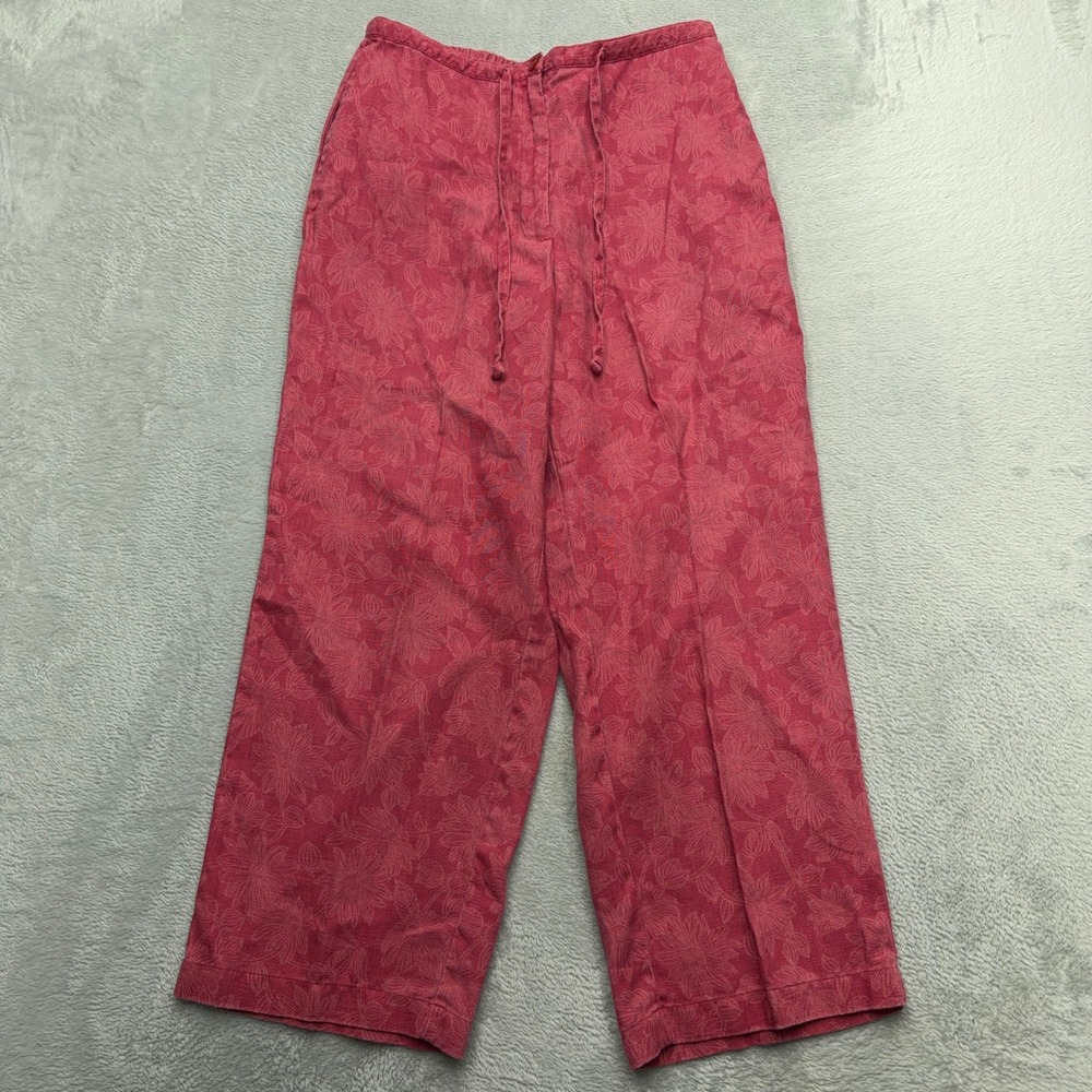 L.L.Bean Pants Womens 10 Pink Linen Floral Wide Leg Drawstring Trousers